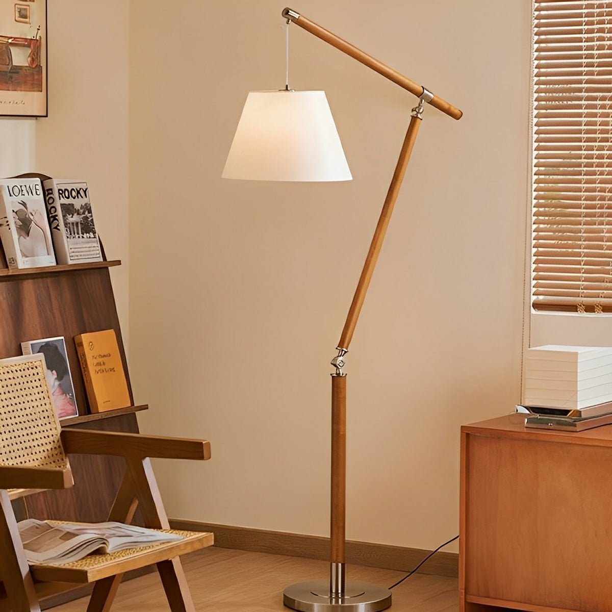 Vintage Wood Adjustable Swing Arm Floor Lamp - Flyachilles