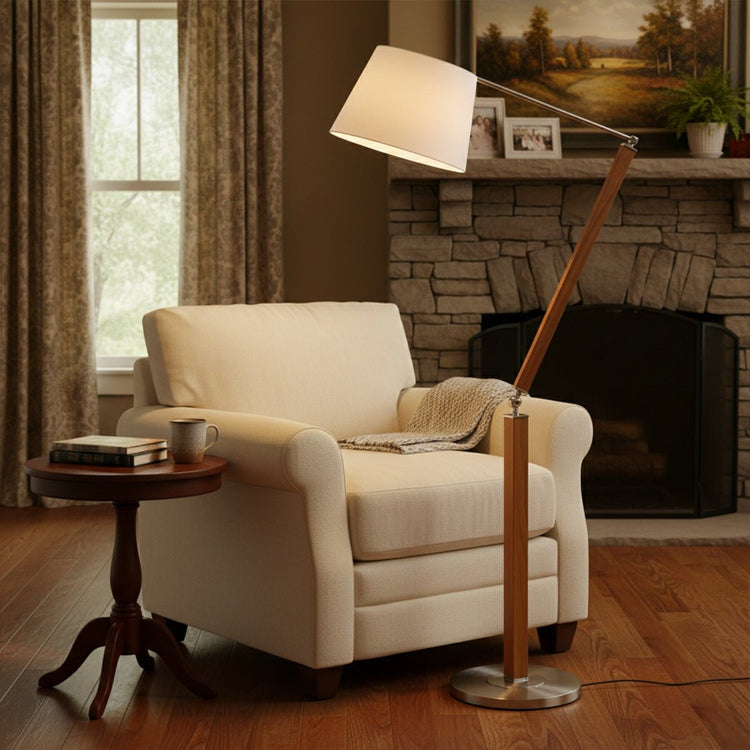 Vintage Wood White Lampshade Swing Arm Floor Lamp - Flyachilles