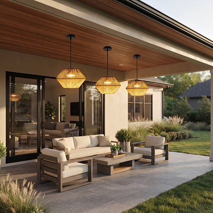 Waterproof Coastal Geometric Rattan LED Outdoor Pendant Light - Flyachilles