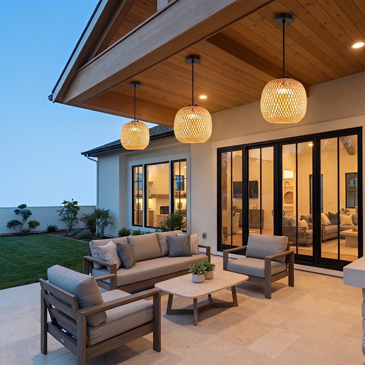 Waterproof Coastal Oval Wood Rattan LED Outdoor Pendant Light - Flyachilles