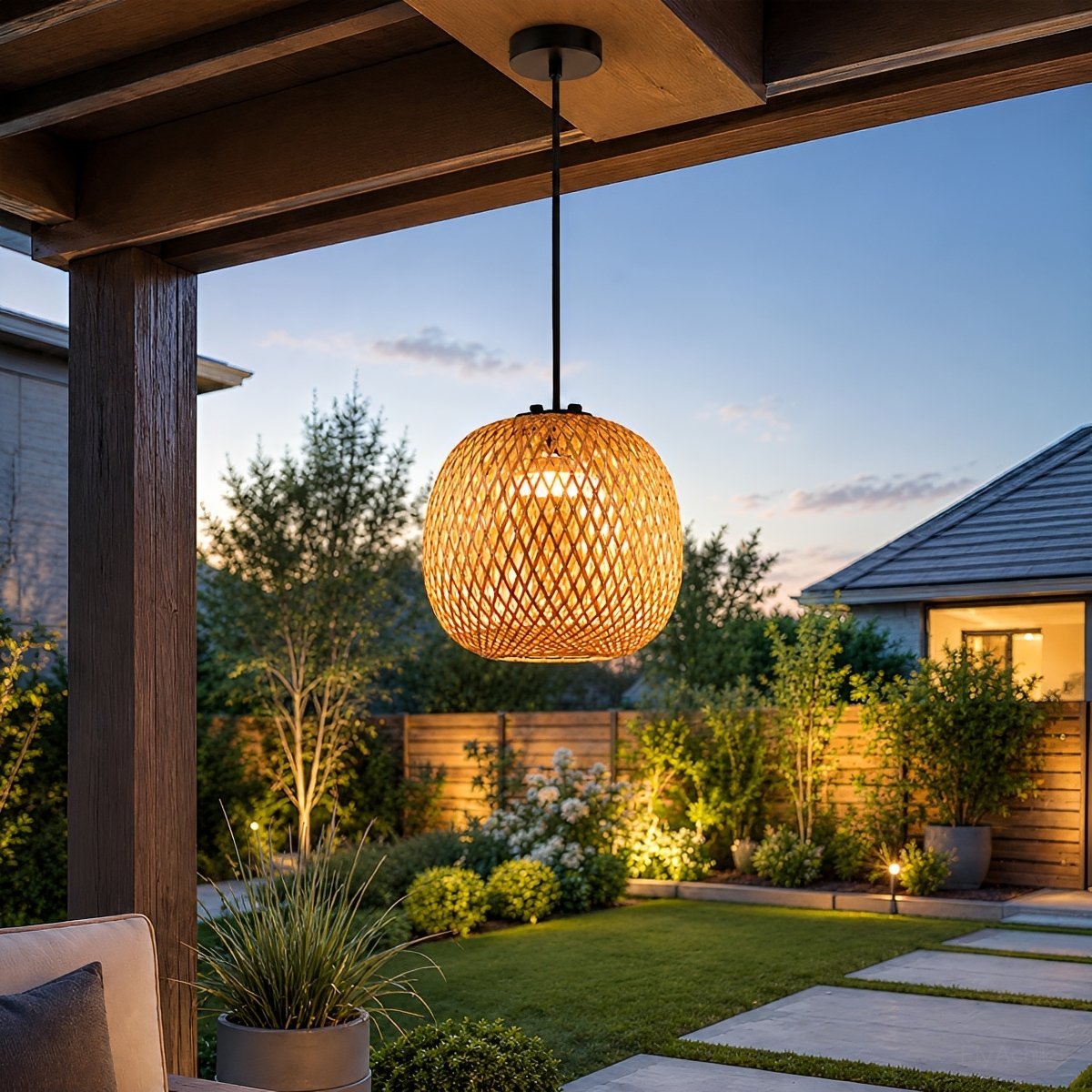 Waterproof Coastal Oval Wood Rattan LED Outdoor Pendant Light - Flyachilles