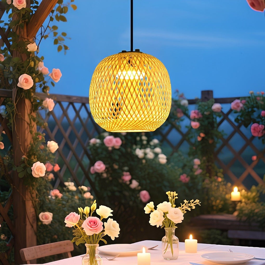 Waterproof Coastal Oval Wood Rattan LED Outdoor Pendant Light - Flyachilles