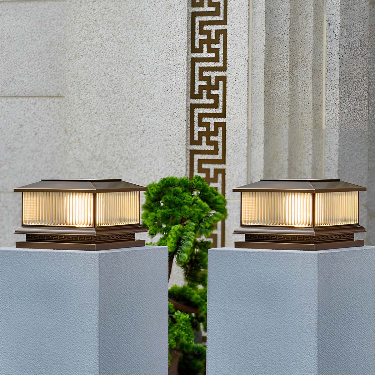 Waterproof Solar Vintage Copper Tower Striped Glass LED Outdoor Post Lights - Flyachilles