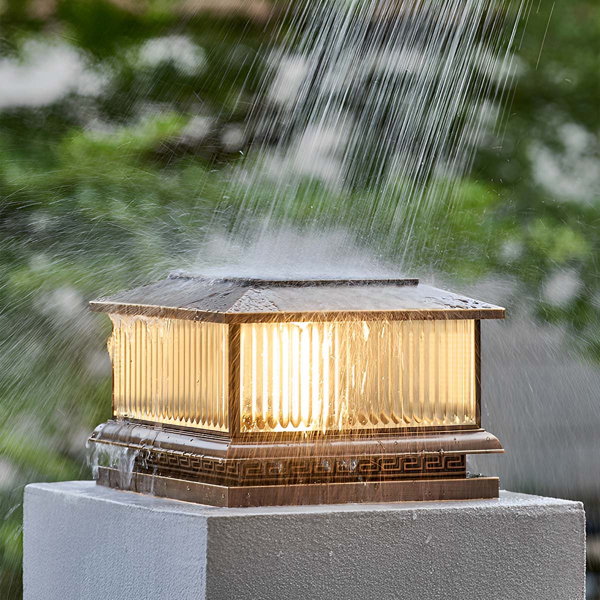 Waterproof Solar Vintage Copper Tower Striped Glass LED Outdoor Post Lights - Flyachilles