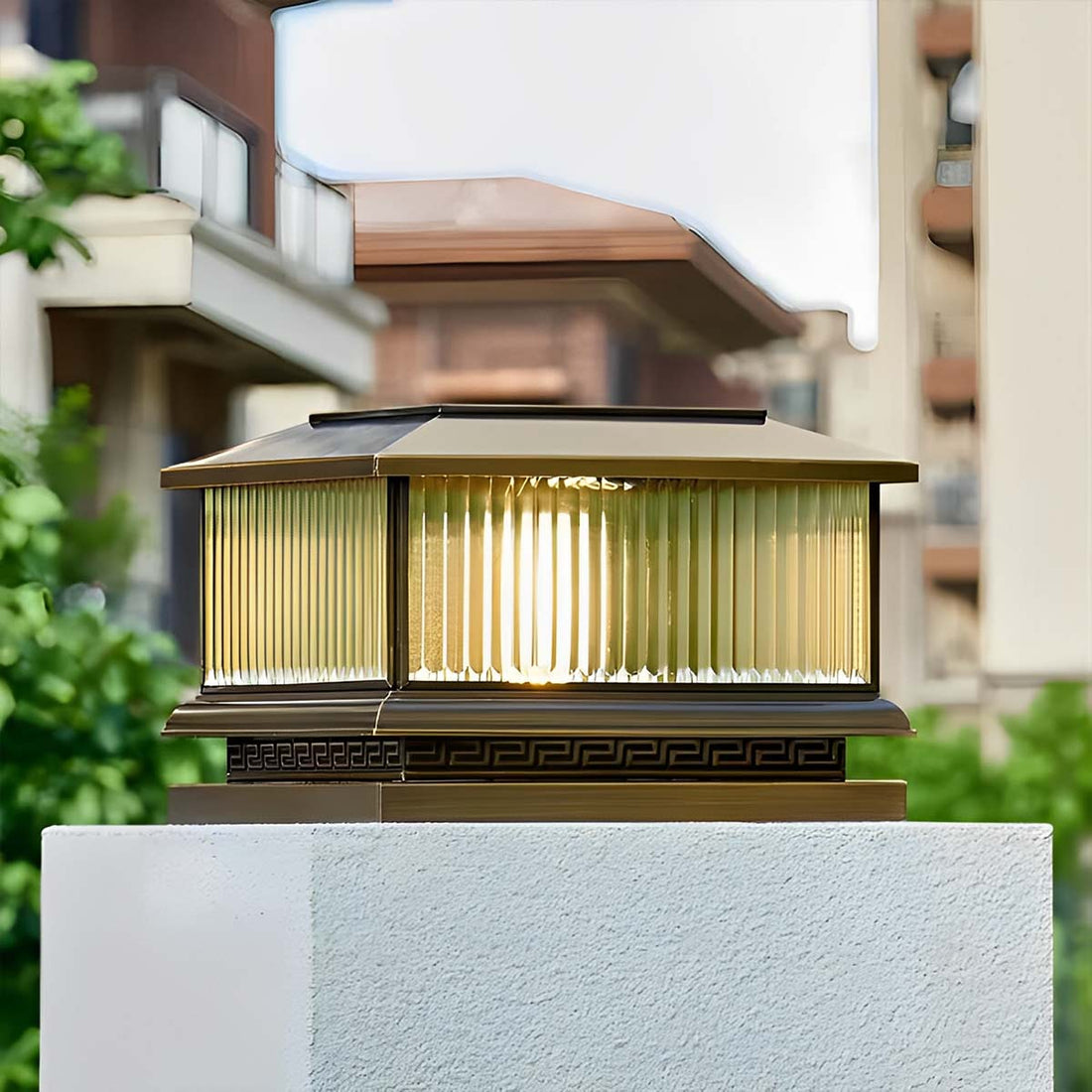 Waterproof Solar Vintage Copper Tower Striped Glass LED Outdoor Post Lights - Flyachilles