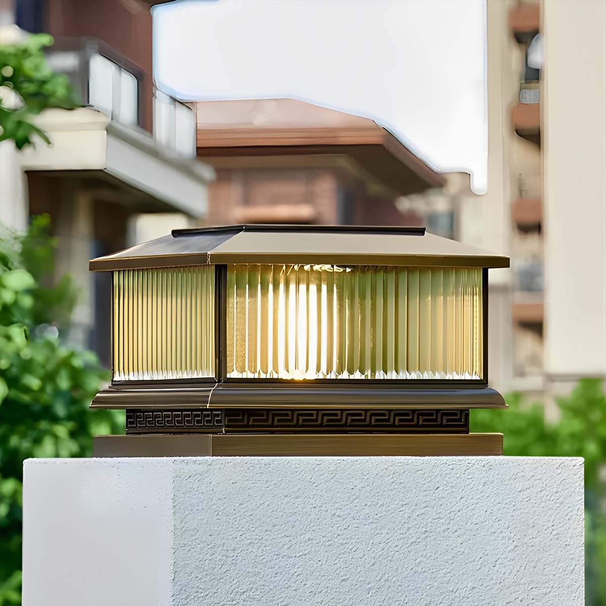 Waterproof Solar Vintage Copper Tower Striped Glass LED Outdoor Post Lights - Flyachilles