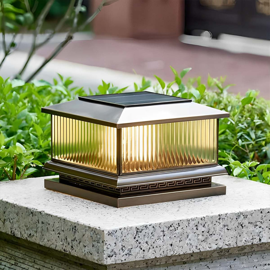 Waterproof Solar Vintage Copper Tower Striped Glass LED Outdoor Post Lights - Flyachilles