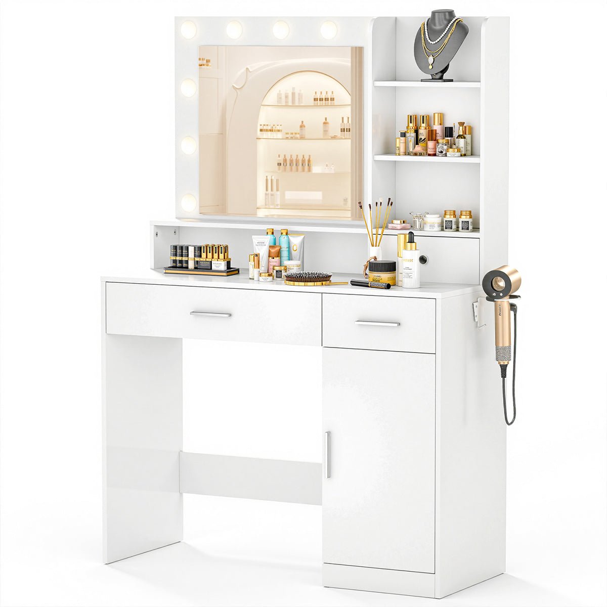 White Makeup Vanities Dressing table With LED Mirror &amp; 3 Drawers - Flyachilles
