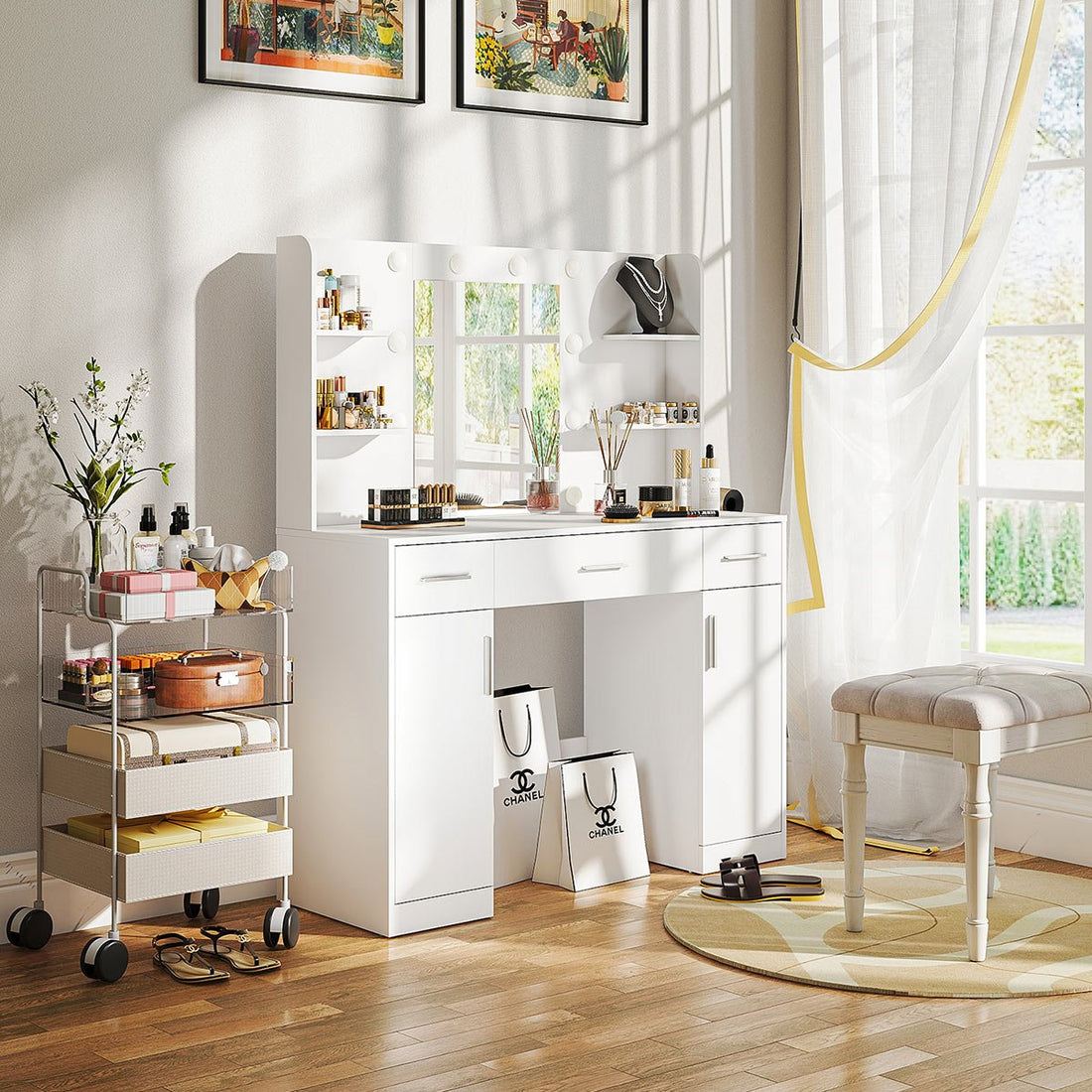 White Makeup Vanities Dressing table With LED Mirror &amp; 3 Drawers - Flyachilles