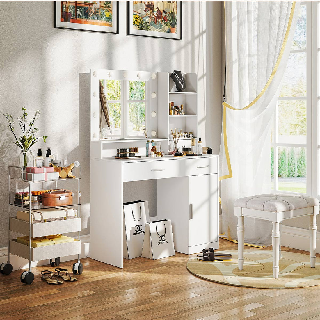 White Makeup Vanities Dressing table With LED Mirror &amp; 3 Drawers - Flyachilles