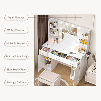 White Makeup Vanities Dressing table With LED Mirror &amp; 3 Drawers - Flyachilles