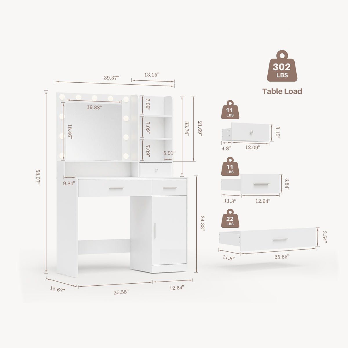 White Makeup Vanities Dressing table With LED Mirror &amp; 3 Drawers - Flyachilles