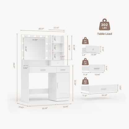 White Makeup Vanities Dressing table With LED Mirror &amp; 3 Drawers - Flyachilles