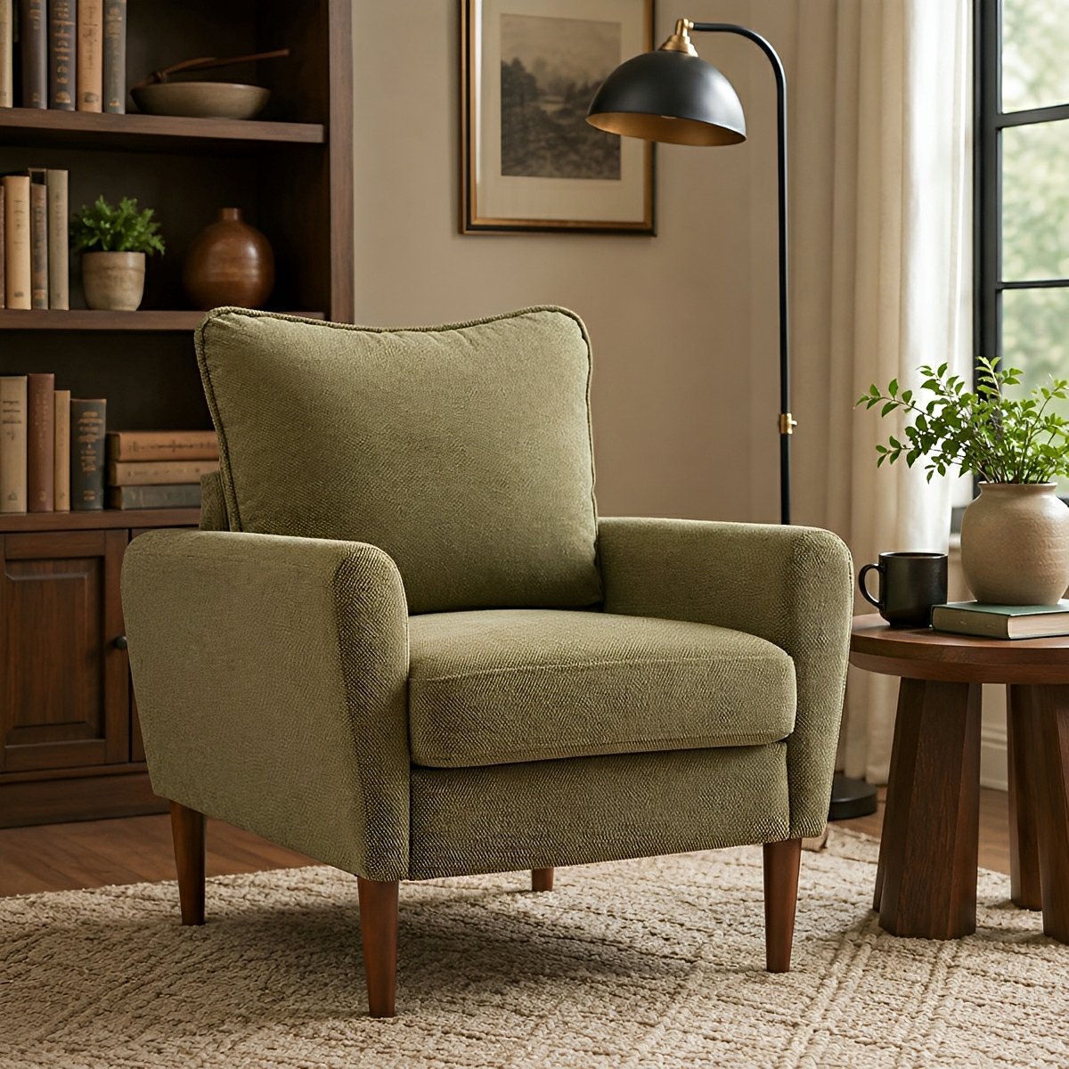 Wide Reading Chair – Cushioned Seat, Wood Legs, Modern - Flyachilles