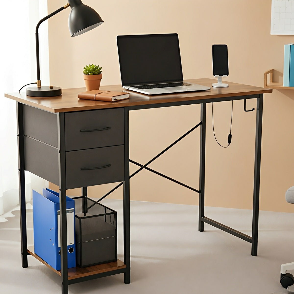 Wooden Writing Desk with Drawer &amp; Hook for Home Office - Flyachilles